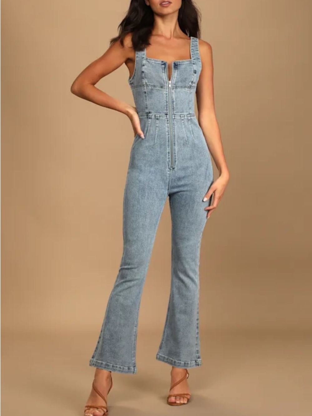 Lulu's Keep Groovin' Light Wash Denim Zip-Front Jumpsuit